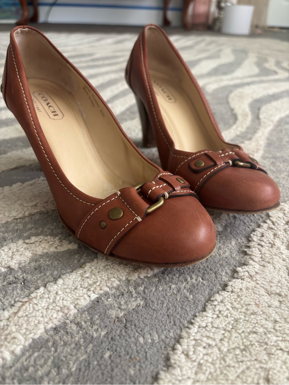 Coach Cognac Leather Buckle Heels